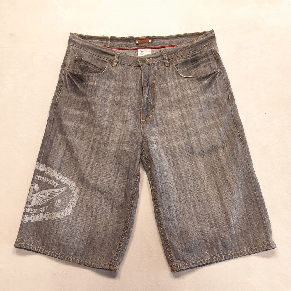 G-Unit Mens Y2K Baggy Denim Shorts 36 Gray/Black Wash Guybrewer Set Stamp Jorts